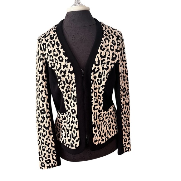 Joseph Ribkoff Black Tan Leopard Print Knit Zip Jacket Size 12/Large - Picture 1 of 8